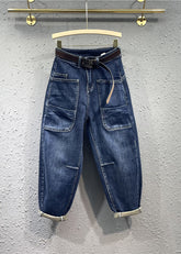 Stilvolle Blaue Hohe Taille Taschen Patchwork Denim Hosen Herbst